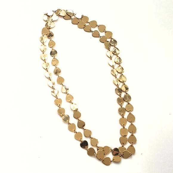 Necklace 1960s 45" Long Gold Tone Metal Leaves Hearts Boho Fest Sparkly Retro - Picture 1 of 5